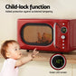 Red microwave oven with child-lock function and green LED screen, child reaching towards it.