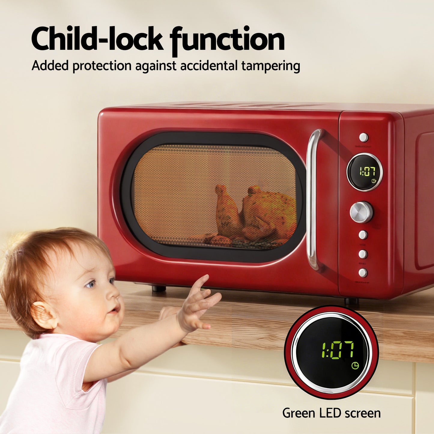 Red microwave oven with child-lock function and green LED screen, child reaching towards it.