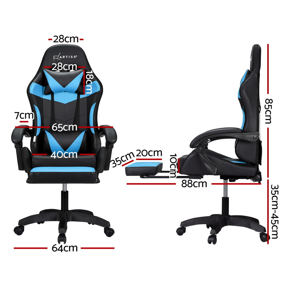 6 Point Massage Gaming Office Chair 7 LED Footrest Cyan Blue