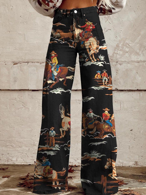 Wide-legged Pants Thermal Transfer Bell-bottom Pants Simulation Denim Trousers