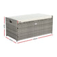 Gray wicker storage box with a white cushion, shown with dimensions on a white background.