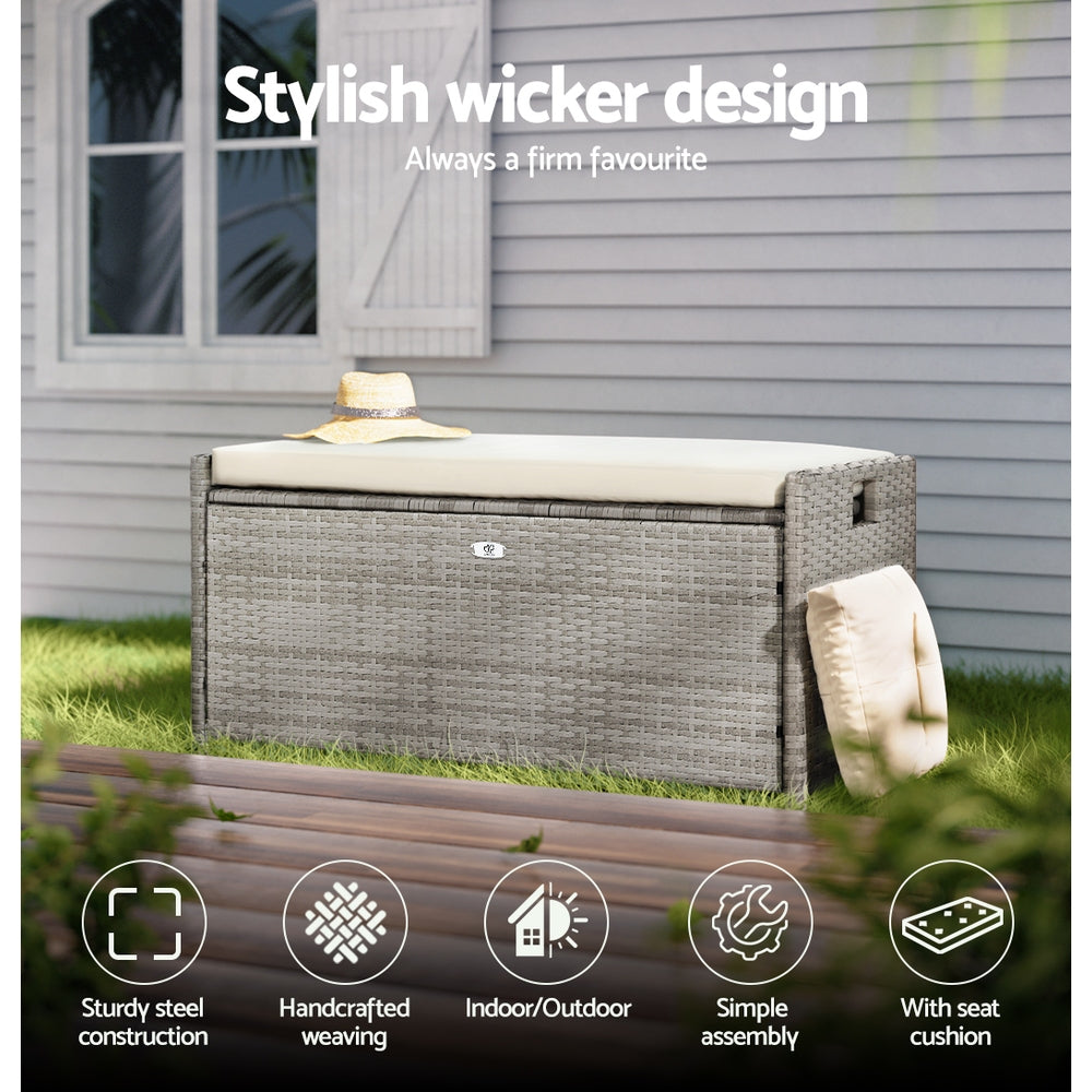 Wicker storage box with seat cushion on a deck, featuring text about its design and features.