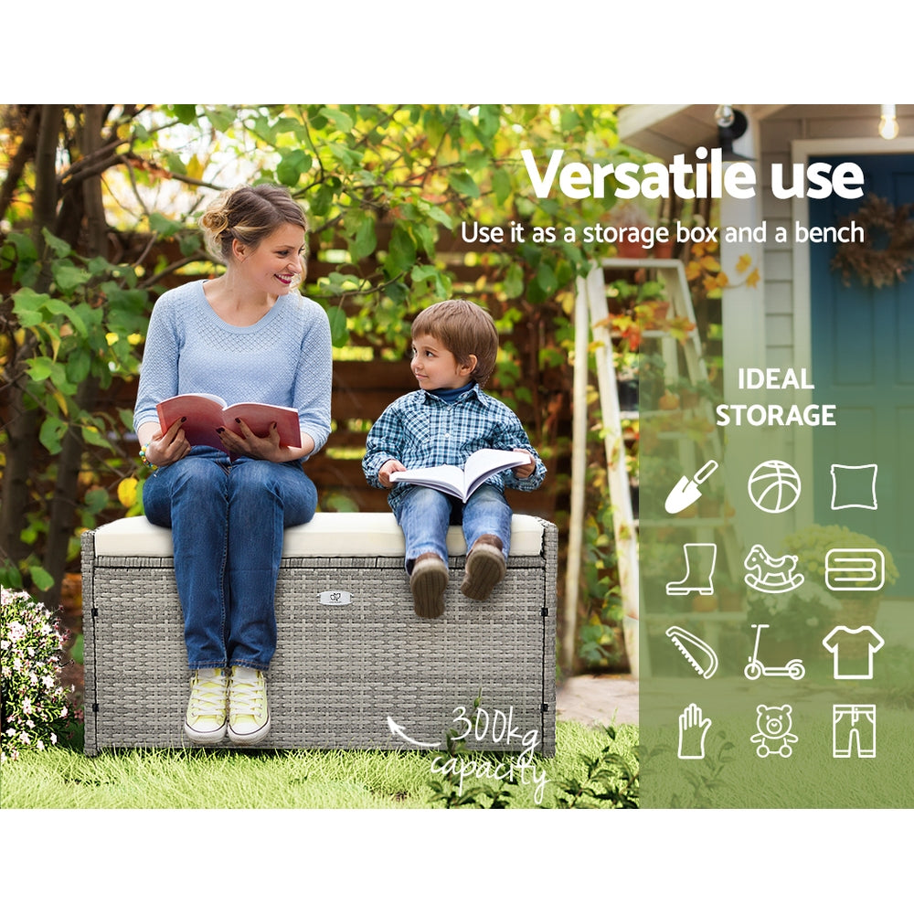 Woman and child sitting on a storage bench in a garden with text highlighting its versatility.