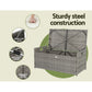 Outdoor storage box with text highlighting sturdy steel construction on a beige background