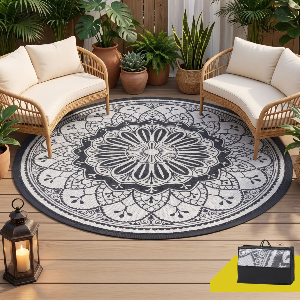 180cm Round Reversible Outdoor Rug – Grey