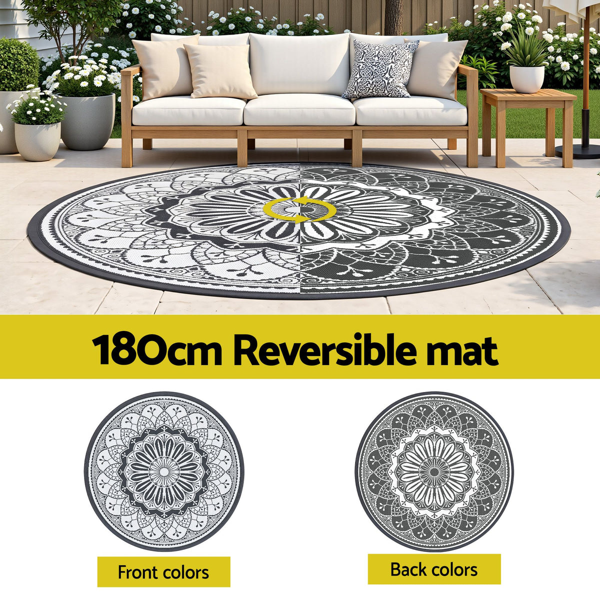 180cm Round Reversible Outdoor Rug – Grey