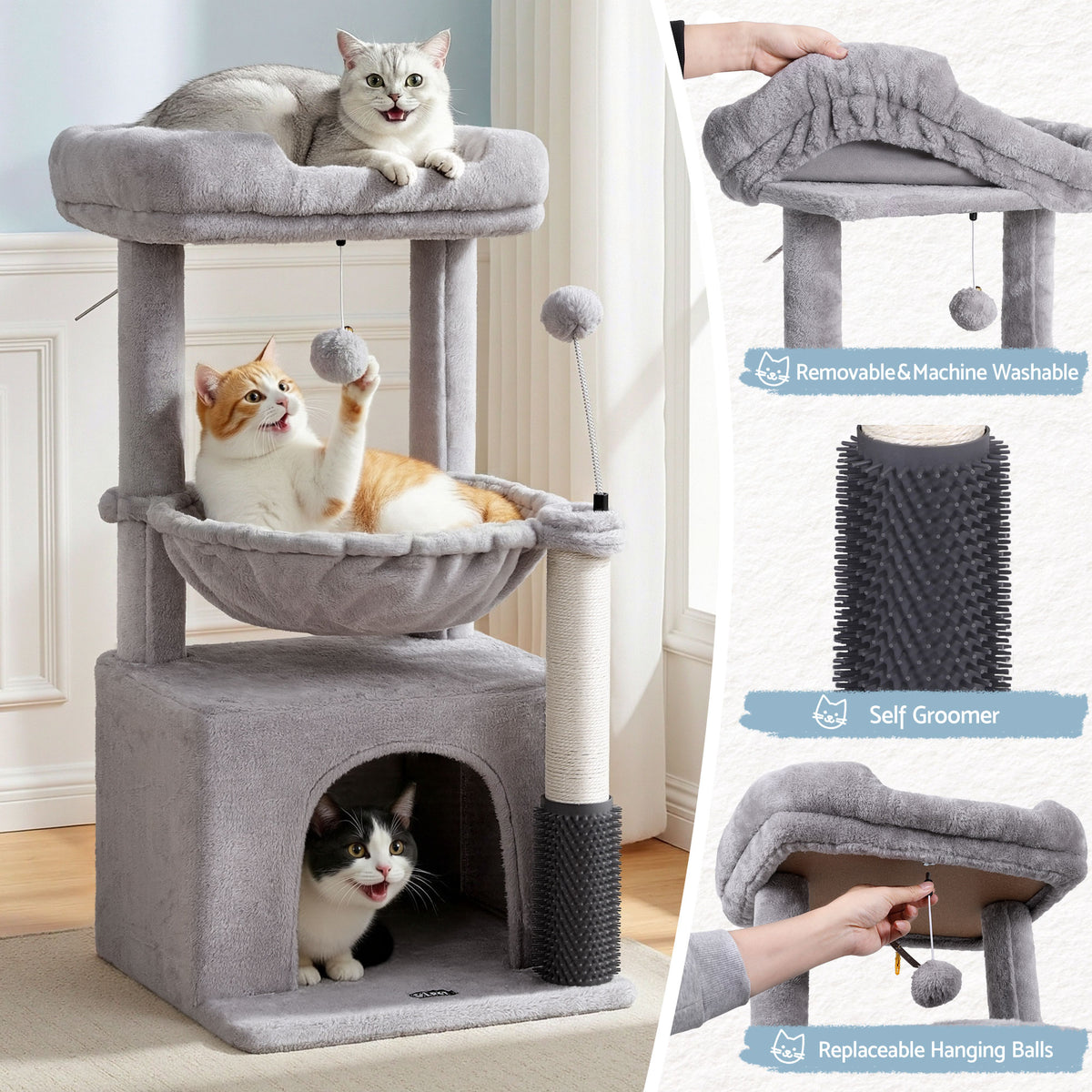 82cm Cat Tree Tower with Scratching Post – Light Grey