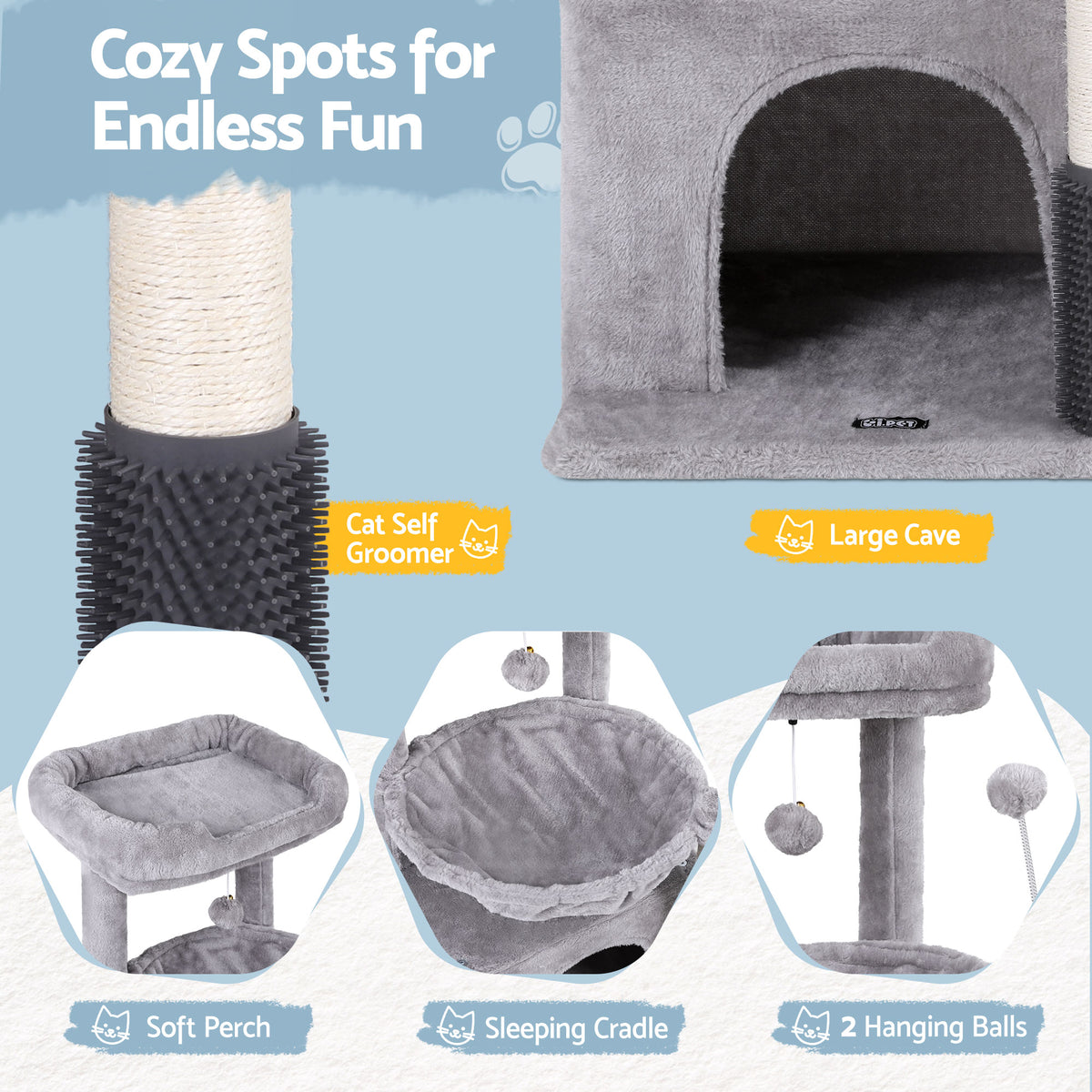 82cm Cat Tree Tower with Scratching Post – Light Grey