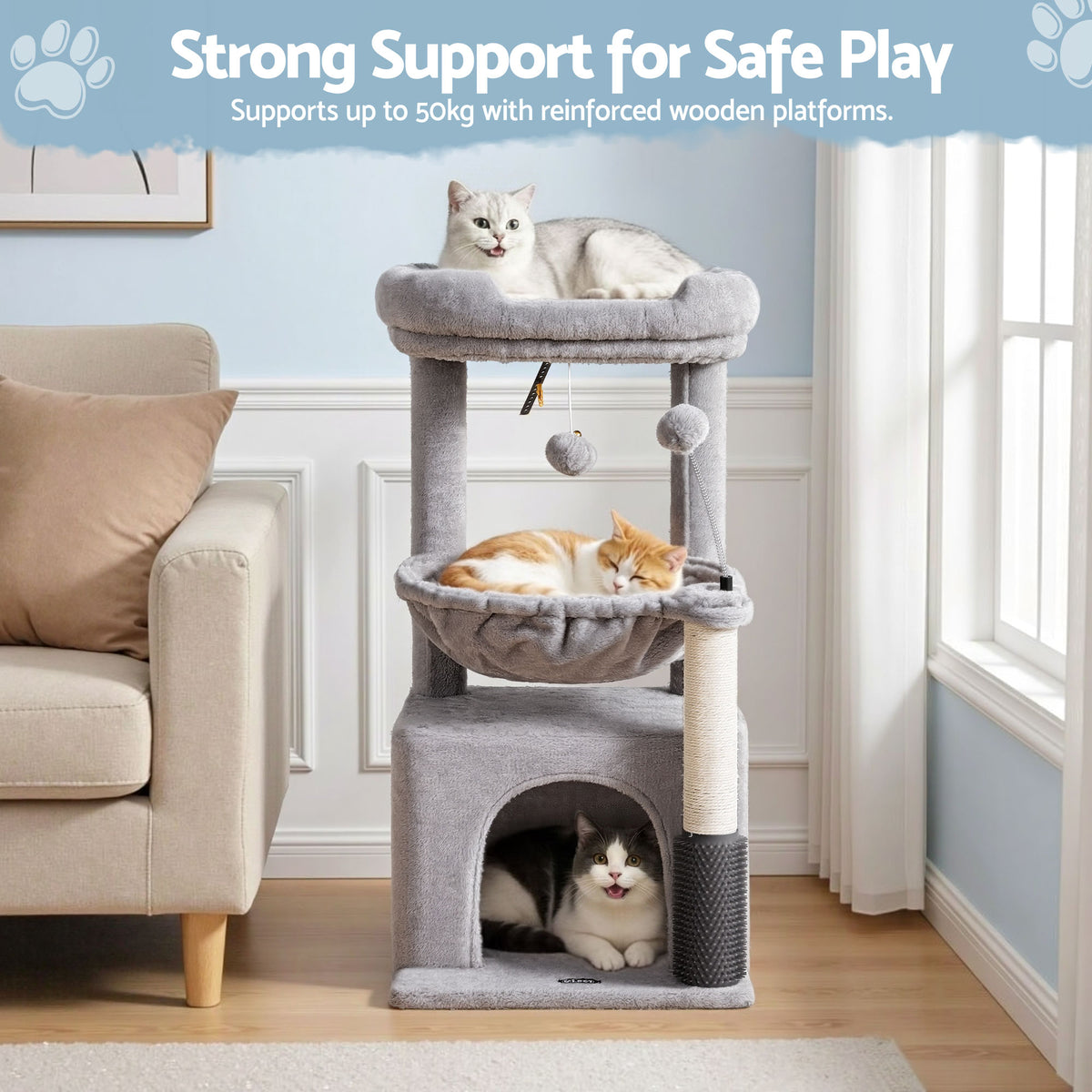 82cm Cat Tree Tower with Scratching Post – Light Grey