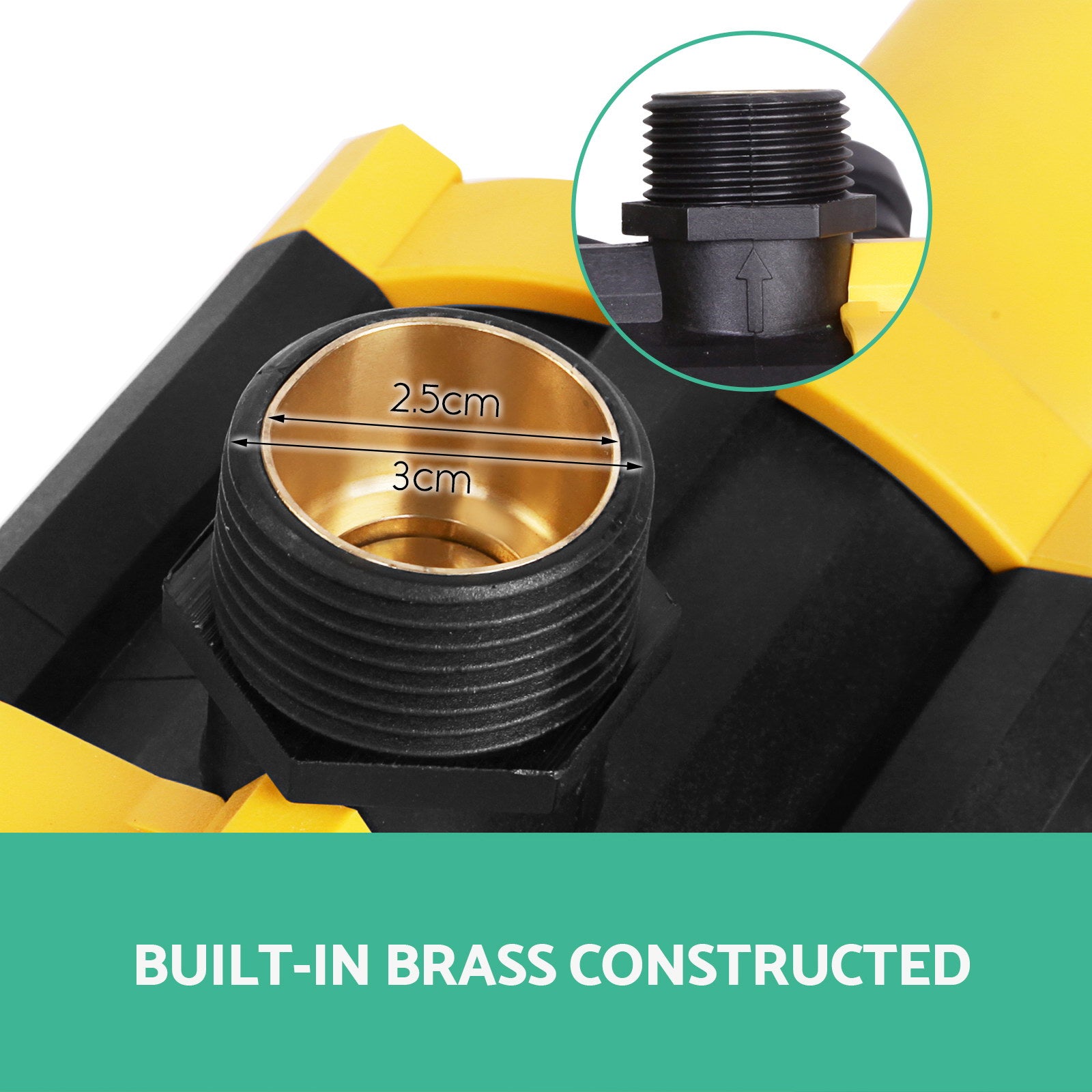 Close-up of a brass fitting with measurements on a yellow and black background, featuring text 'BUILT-IN BRASS CONSTRUCTED'.