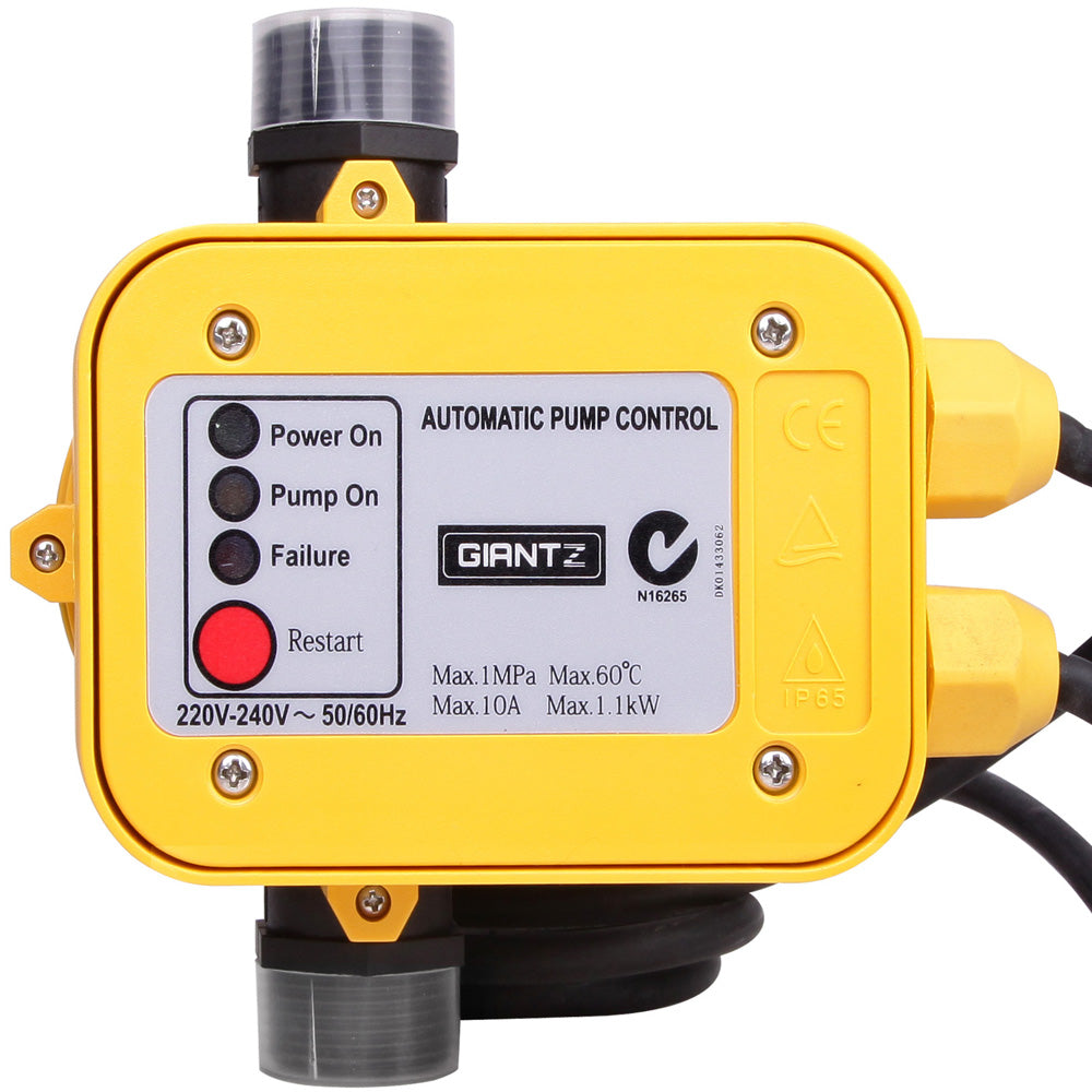 Yellow automatic pump control with brand label on a white background