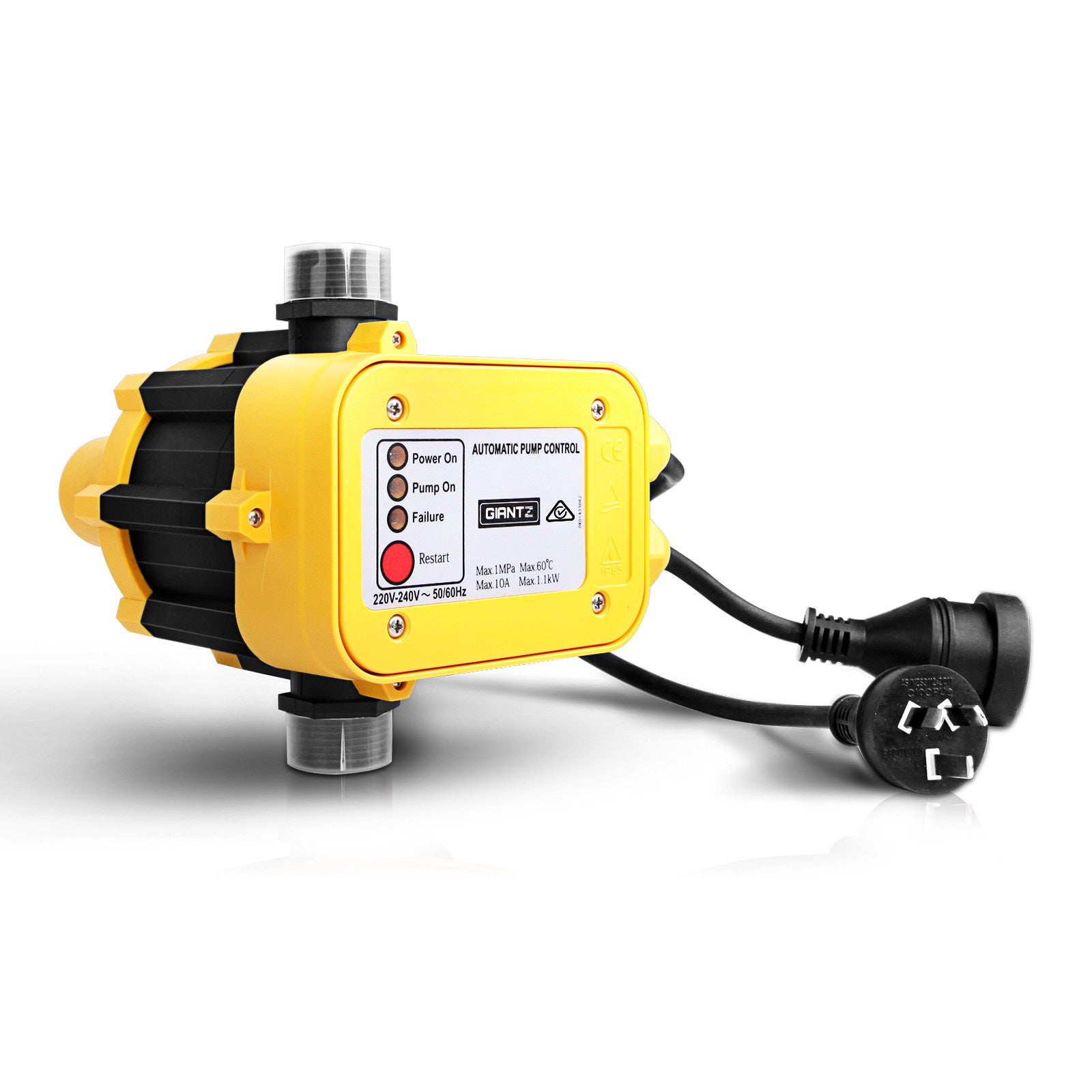 Yellow and black pump control unit with power cord on a white background