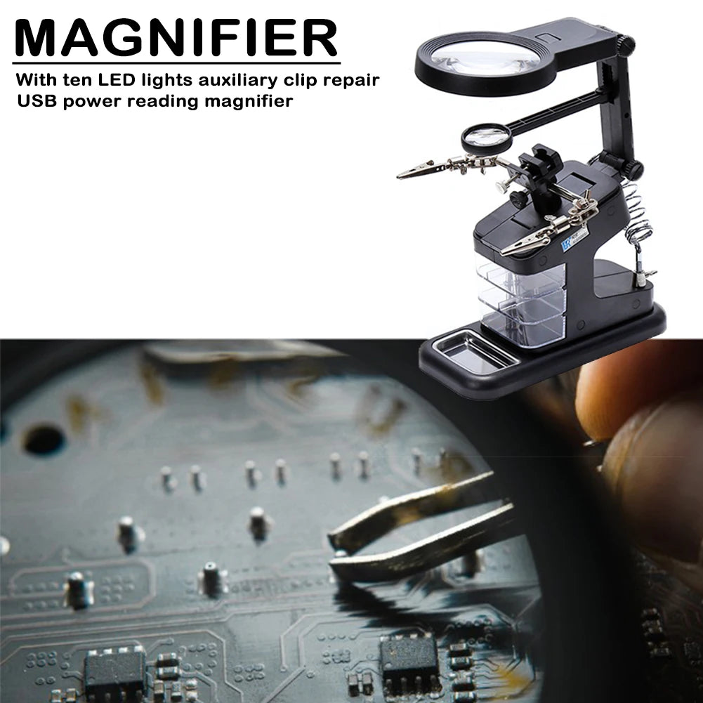 Desktop Welding Magnifier 10 LED Light 3X/4.5X/25X Magnifying Glass with Alligator Clip Loupe Third Hand Soldering Repair Tool