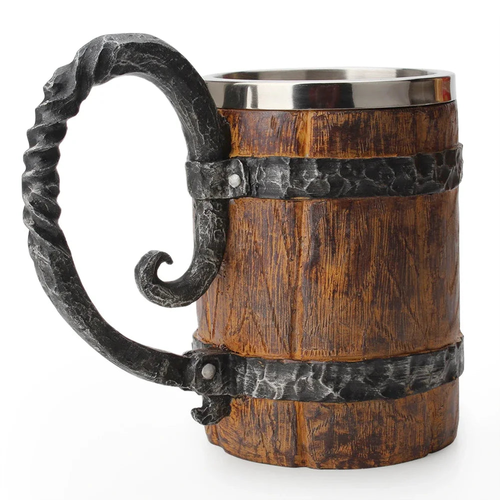 Viking Wood Style Beer Mug Simulation Wooden Barrel Beer Cup Double Wall Drinking Mug Metal Insulated 1PCS Bar Drinking