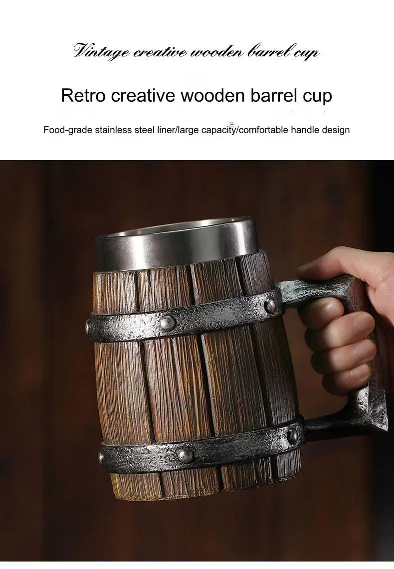 Hot-selling Wooden Barrel Beer mug , Large-capacity  Coffee mug Water bottle ,Handmade Oak with stainless steel