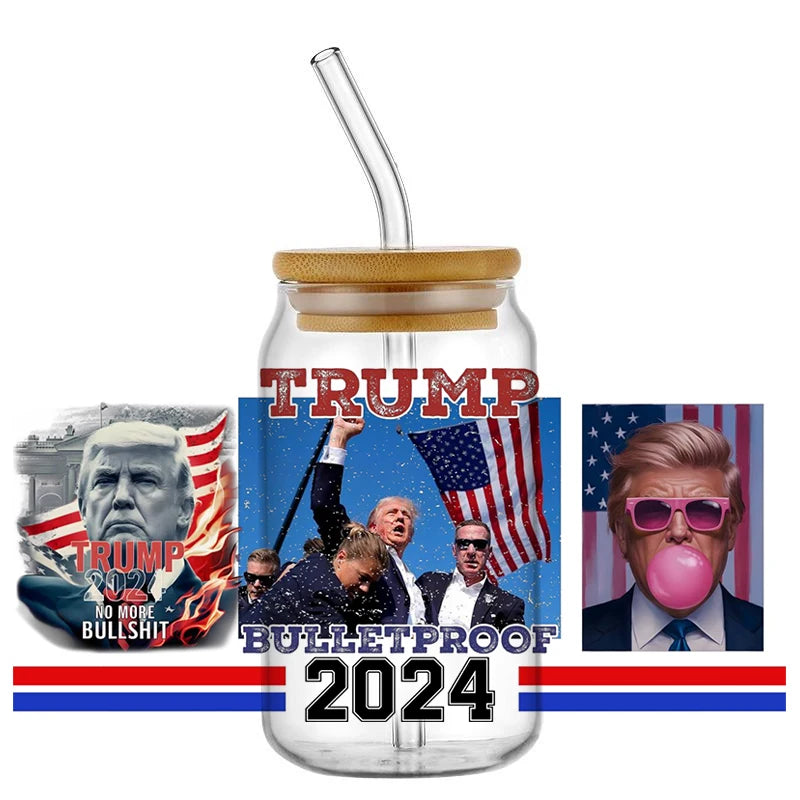 U.S. President Donald Trump Pattern UV DTF Transfer Sticker For 16OZ Glass Cup UV Dtf Wraps DIY Waterproof Transfers