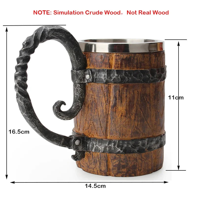 Viking Wood Style Beer Mug Simulation Wooden Barrel Beer Cup Double Wall Drinking Mug Metal Insulated 1PCS Bar Drinking