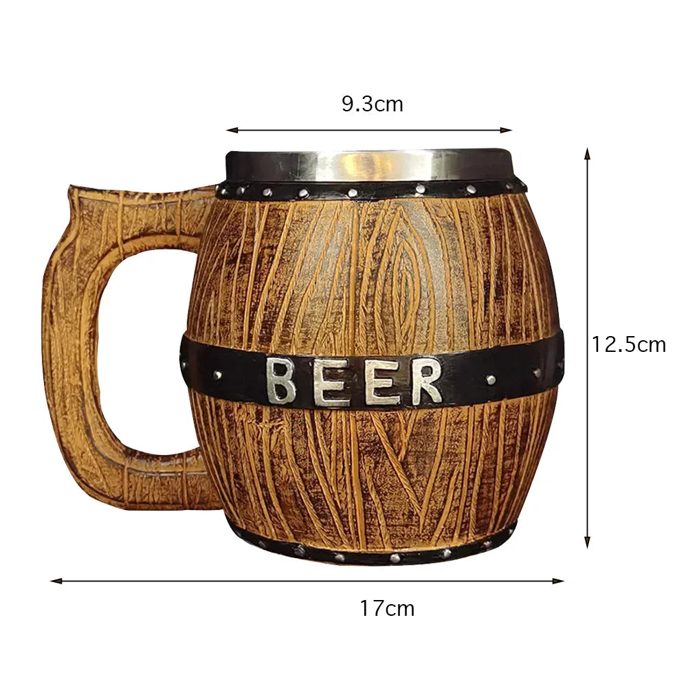 Viking Wood Style Beer Mug Simulation Wooden Barrel Beer Cup Double Wall Drinking Mug Metal Insulated 1PCS Bar Drinking