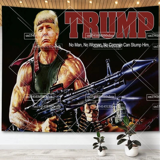 Donald Trump Rambo Bazooka Flag Wall Hanging Tapestry No Man No Woman Aesthetic Room Decor Party Backdrop Home Decoration