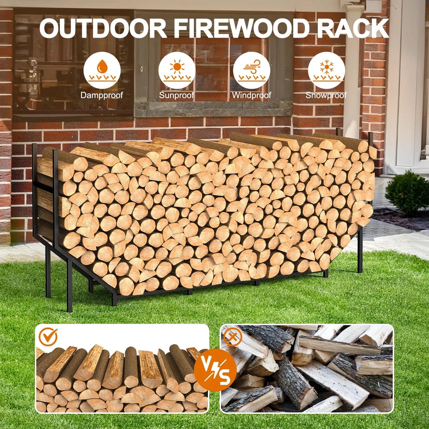 5.9ft Outdoor Indoor Heavy Duty Metal Firewood Rack Holder,Adjustable Stacker Fireplace Organizer Log Storage All Seasons  ﻿