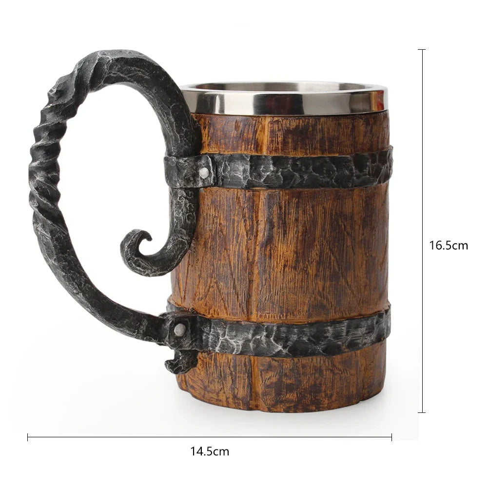 Viking Wood Style Beer Mug Simulation Wooden Barrel Beer Cup Double Wall Drinking Mug Metal Insulated 1PCS Bar Drinking