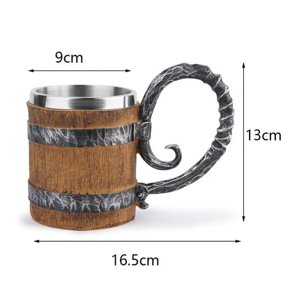 Viking Wood Style Beer Mug Simulation Wooden Barrel Beer Cup Double Wall Drinking Mug Metal Insulated 1PCS Bar Drinking