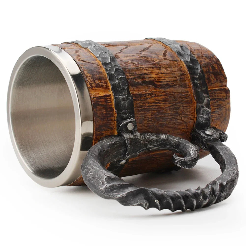 Viking Wood Style Beer Mug Simulation Wooden Barrel Beer Cup Double Wall Drinking Mug Metal Insulated 1PCS Bar Drinking