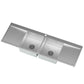 Stainless steel kitchen sink with a white background