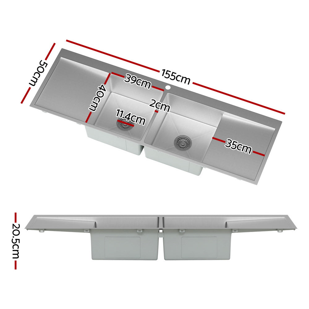 Stainless steel kitchen sink with dimensions marked on a white background