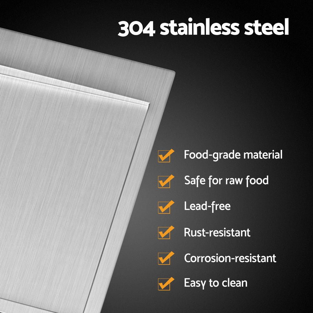 304 stainless steel product with features listed on a dark background