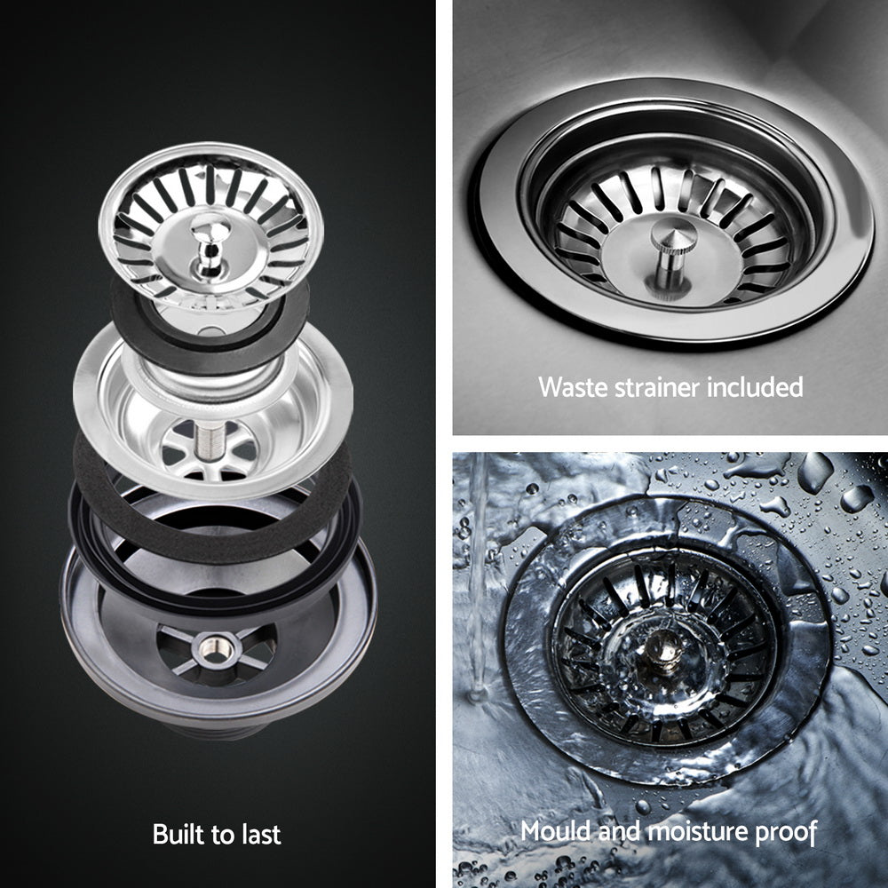 Waste strainer with text indicating features on a dark background