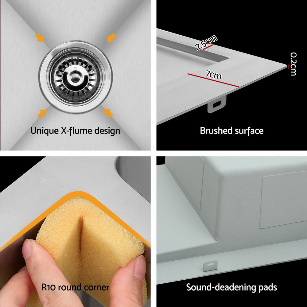 Collage of a kitchen sink with features highlighted, including X-flume design, brushed surface, R10 round corner, and sound-deadening pads.