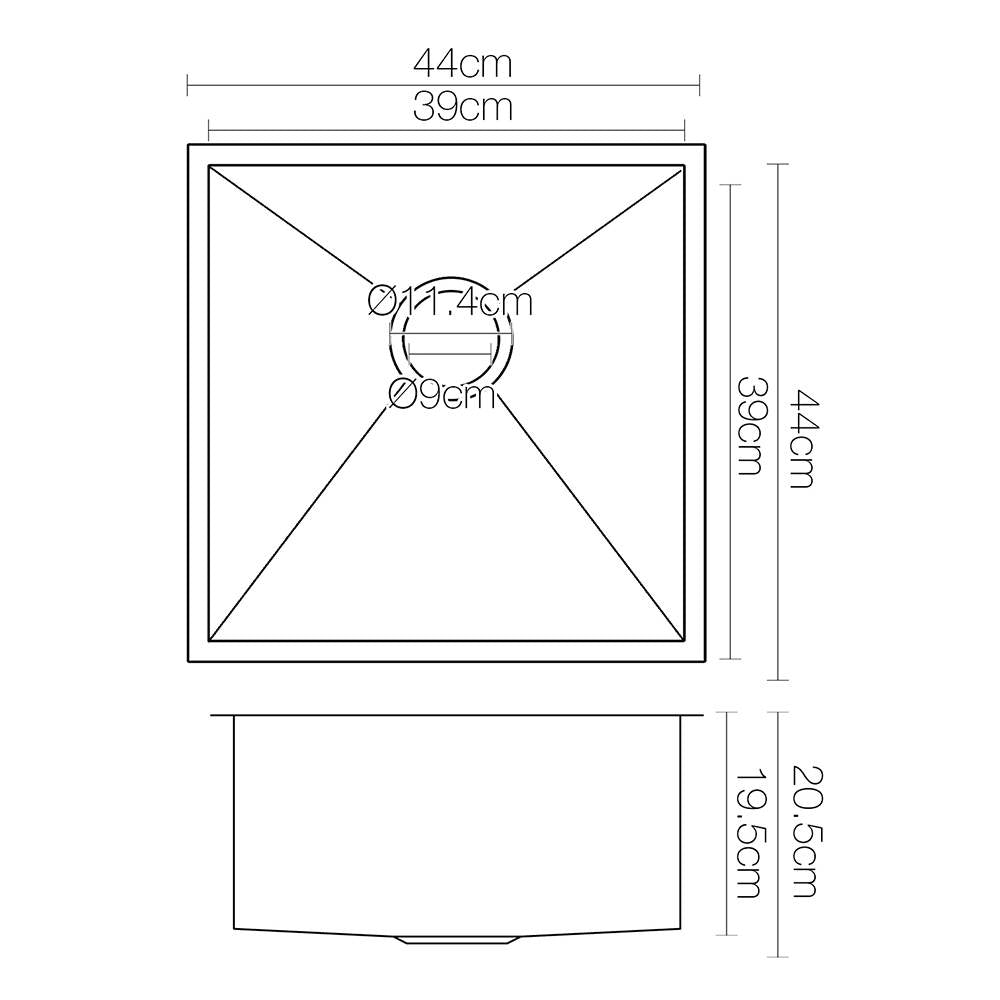 Kitchen Sink 44X44CM Stainless Steel Basin Single Bowl Black