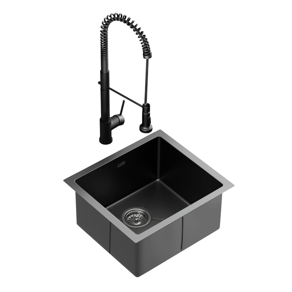 Stainless Steel Sink 51x45CM With Pull Out Mixer Tap Kitchen Single Bowl Black
