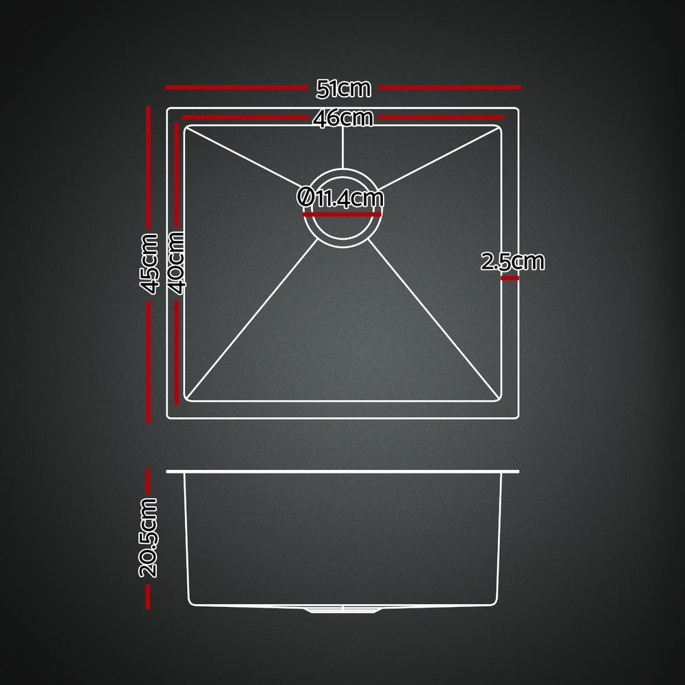 Stainless Steel Sink 51x45CM With Pull Out Mixer Tap Kitchen Single Bowl Black
