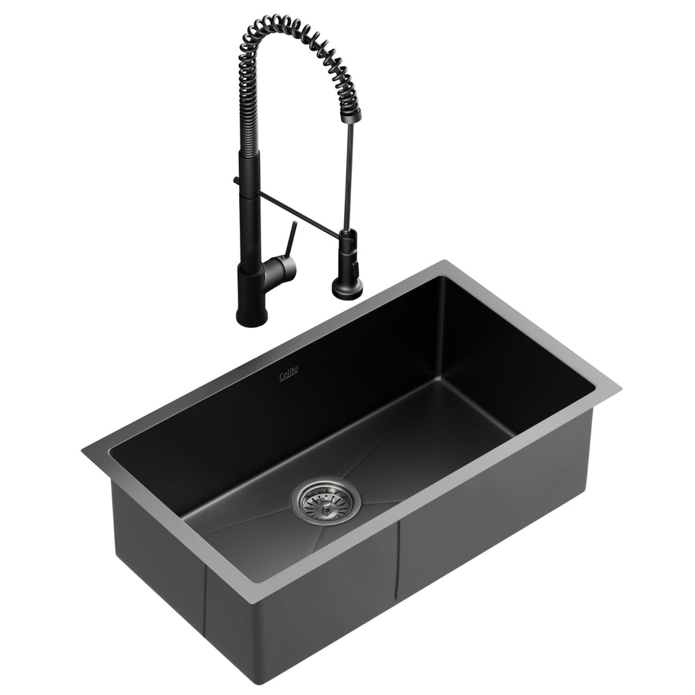 Stainless Steel Sink 70x45CM With Pull Out Mixer Tap Kitchen Basin Single Bowl Black