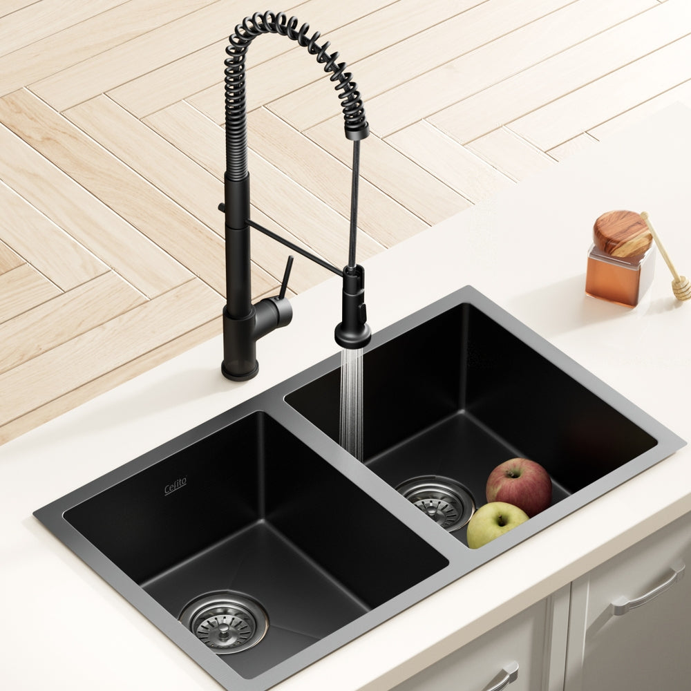Stainless Steel Sink 77x45CM With Pull Out Mixer Tap Kitchen Double Bowl Black