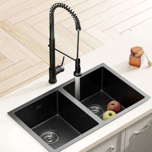 Stainless Steel Sink 77x45CM With Pull Out Mixer Tap Kitchen Double Bowl Black
