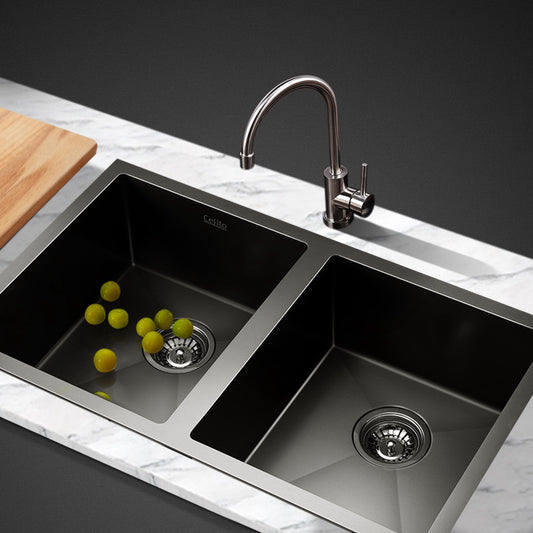 Kitchen Sink 77X45CM Stainless Steel Basin Double Bowl Black