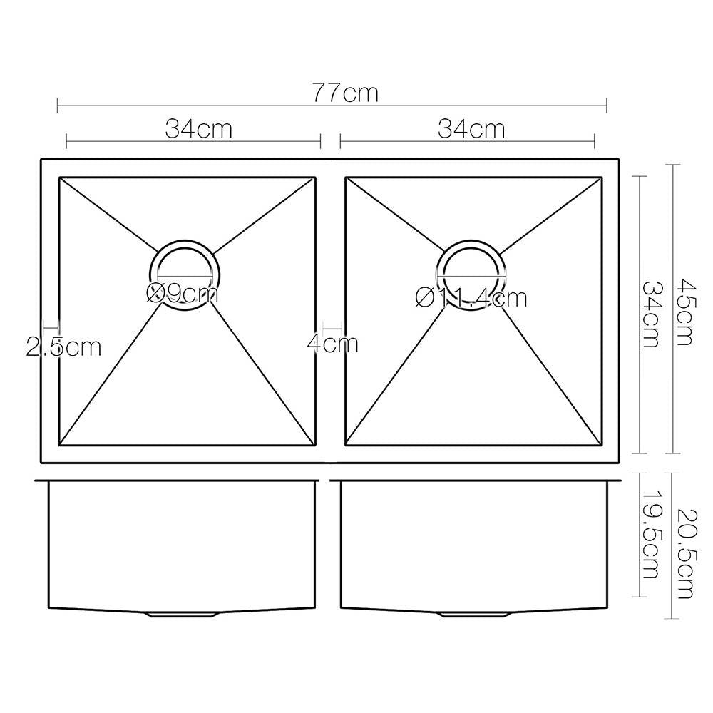 Kitchen Sink 77X45CM Stainless Steel Basin Double Bowl Black