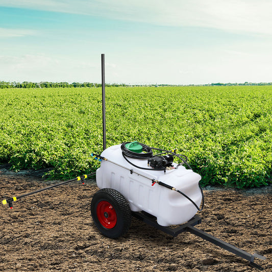 Farm sprayer on a field with green crops in the background