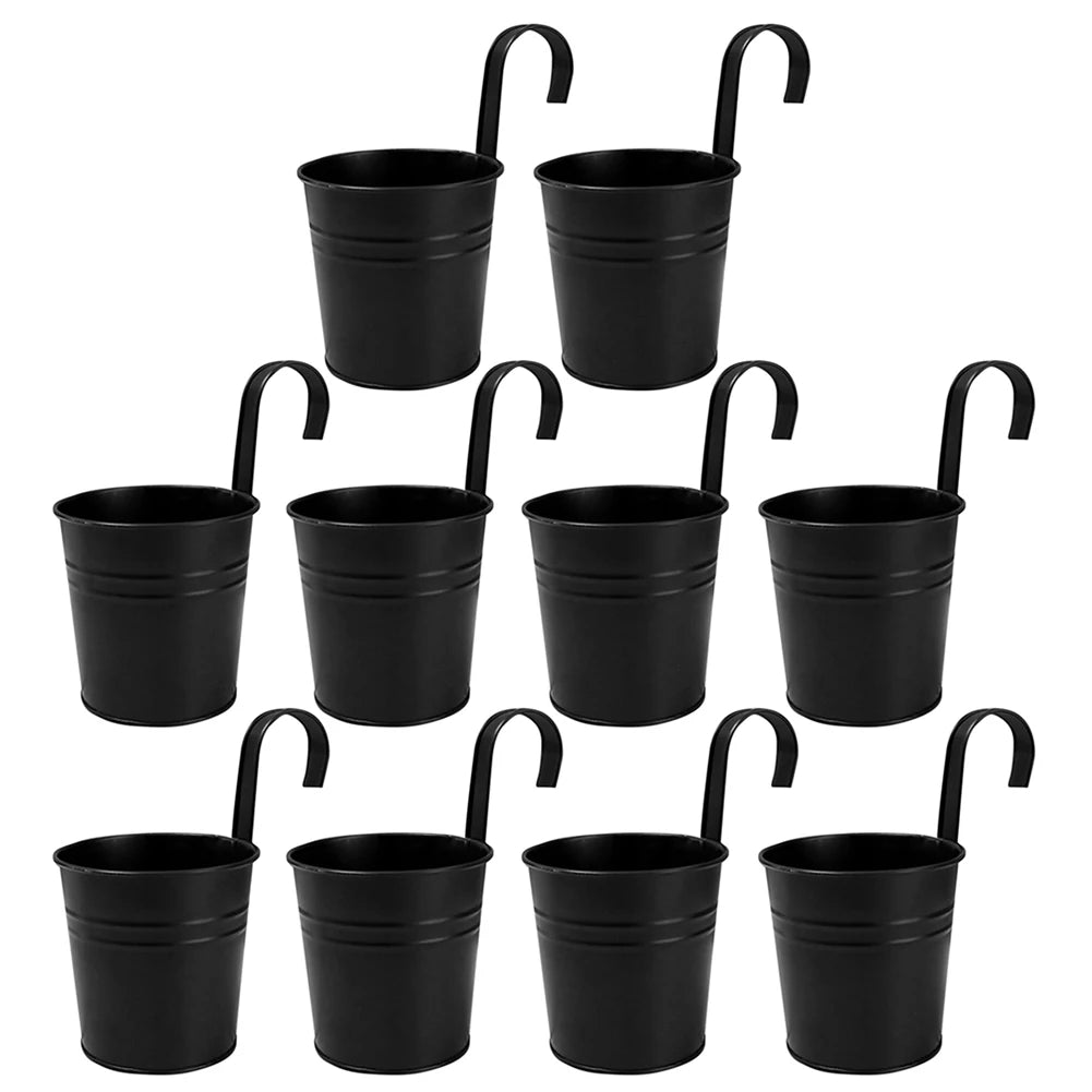 6/10Pcs Hanging Flower Pots Metal Hanging Planters Detachable Hook Iron Flower Bucket with Drainage Hole for Home Garden Decor