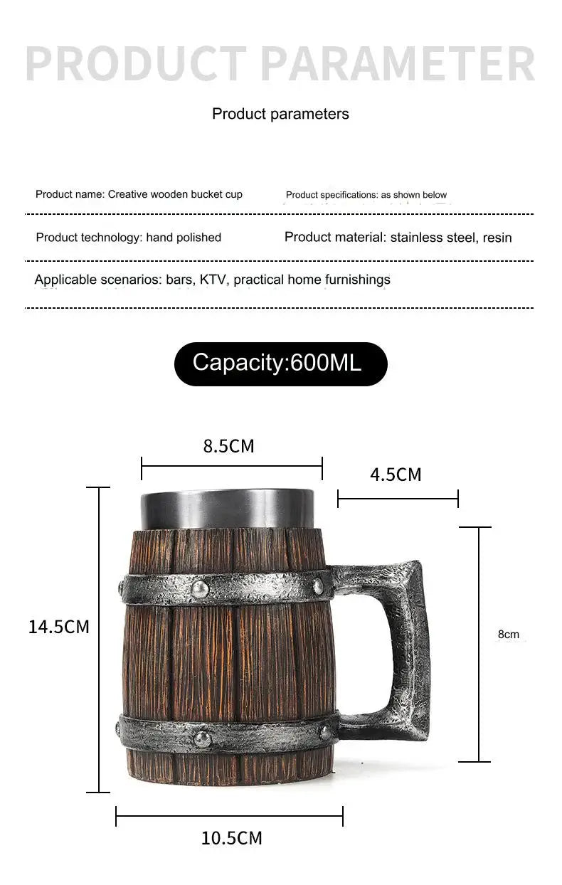 Hot-selling Wooden Barrel Beer mug , Large-capacity  Coffee mug Water bottle ,Handmade Oak with stainless steel