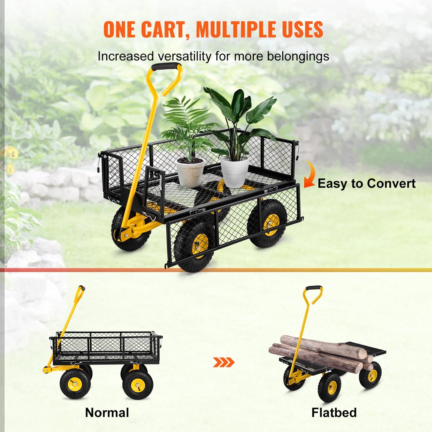 Steel Garden Cart Heavy Duty 500/900/1200/1400lbs Capacity with Removable Mesh Sides to Convert into Flatbed Metal Wagon