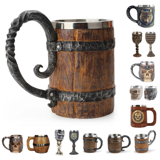 Viking Wood Style Beer Mug Simulation Wooden Barrel Beer Cup Double Wall Drinking Mug Metal Insulated 1PCS Bar Drinking