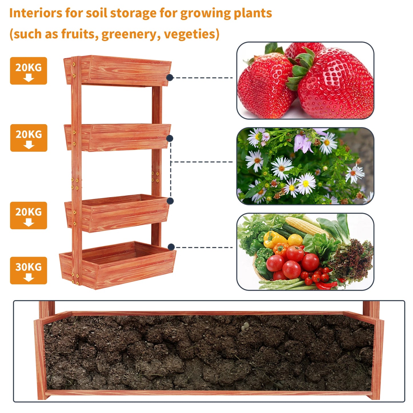 4-Tier Raised Garden Bed, Vertical Flower Pots Rack with Detachable Ladder and Adjustable Shelf, Wooden Elevated Planters Stand