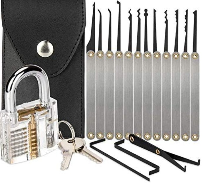 Locksmith Hand Tools  Set Transparent Visible Cutaway Practice Padlock With Broken Key Removing Hooks 15pcs set