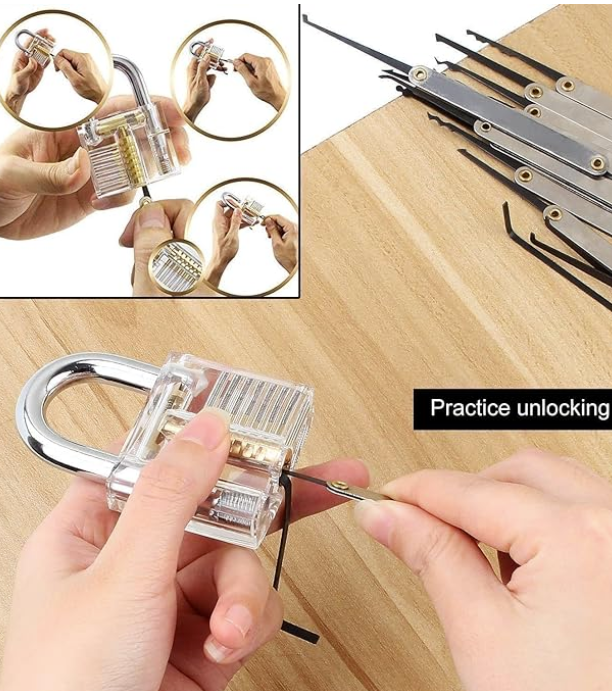 Locksmith Hand Tools  Set Transparent Visible Cutaway Practice Padlock With Broken Key Removing Hooks 15pcs set