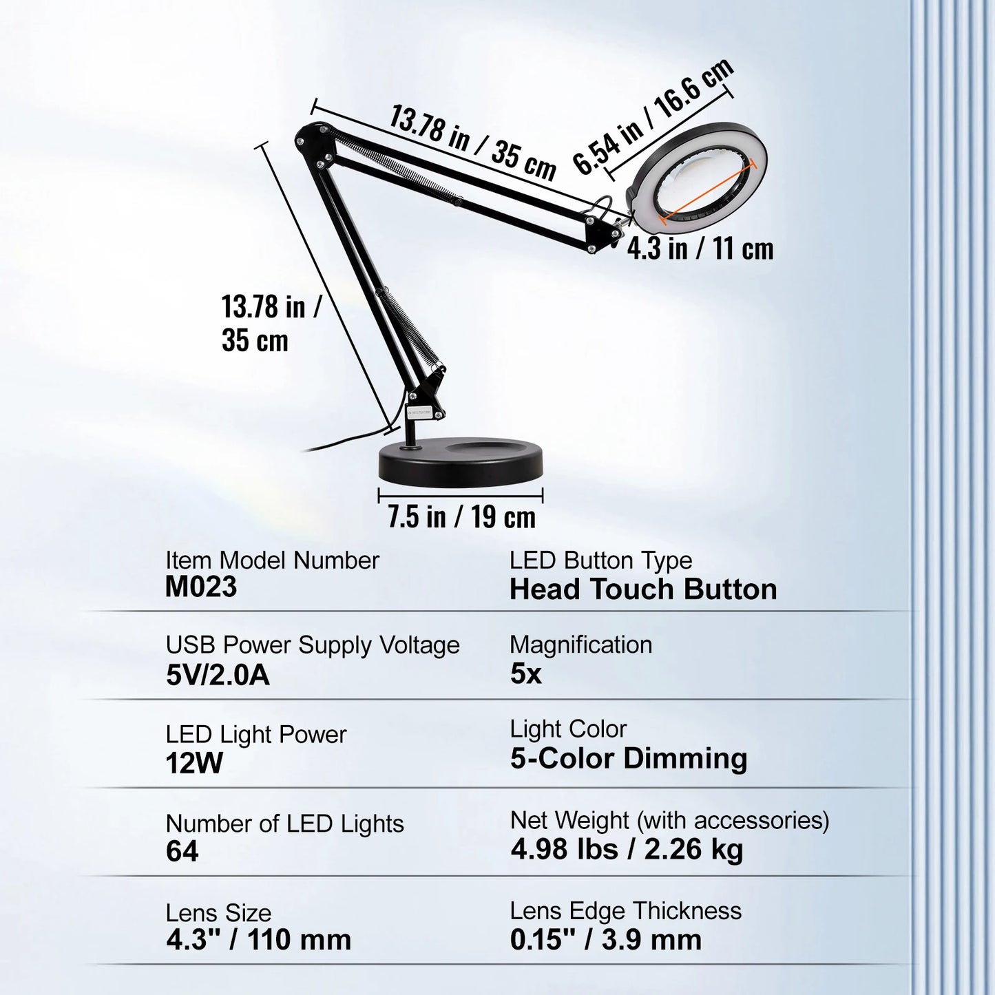 Magnifying Glass with Light 5X Magnifying Lamp 4.3" Glass Lens Base or Clamp Desk Magnifier with 64 LED Lights