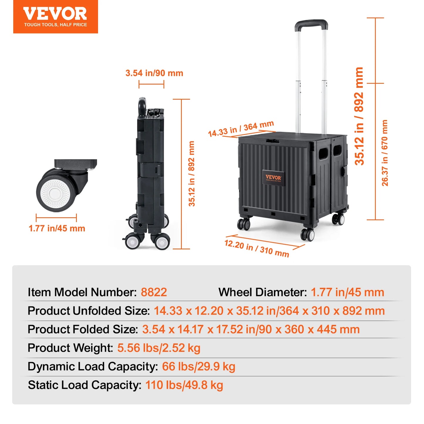 Foldable Utility Shopping Cart Folding Portable Crate Handcart with Telescope Handle Wheels for Travel Office Garden Use